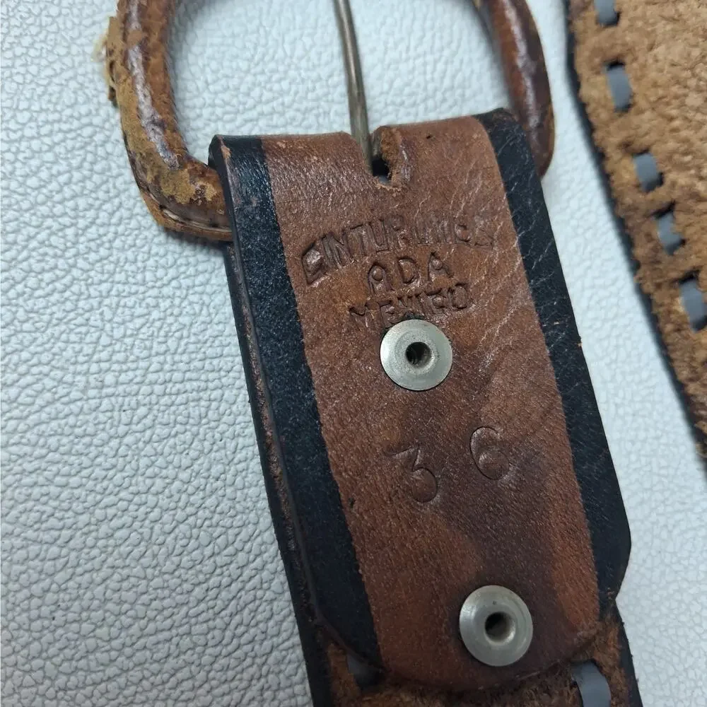 Vtg Cinturones Ada Mexico Hand Tooled Leather Belt Size 36 Eagle Western Worn